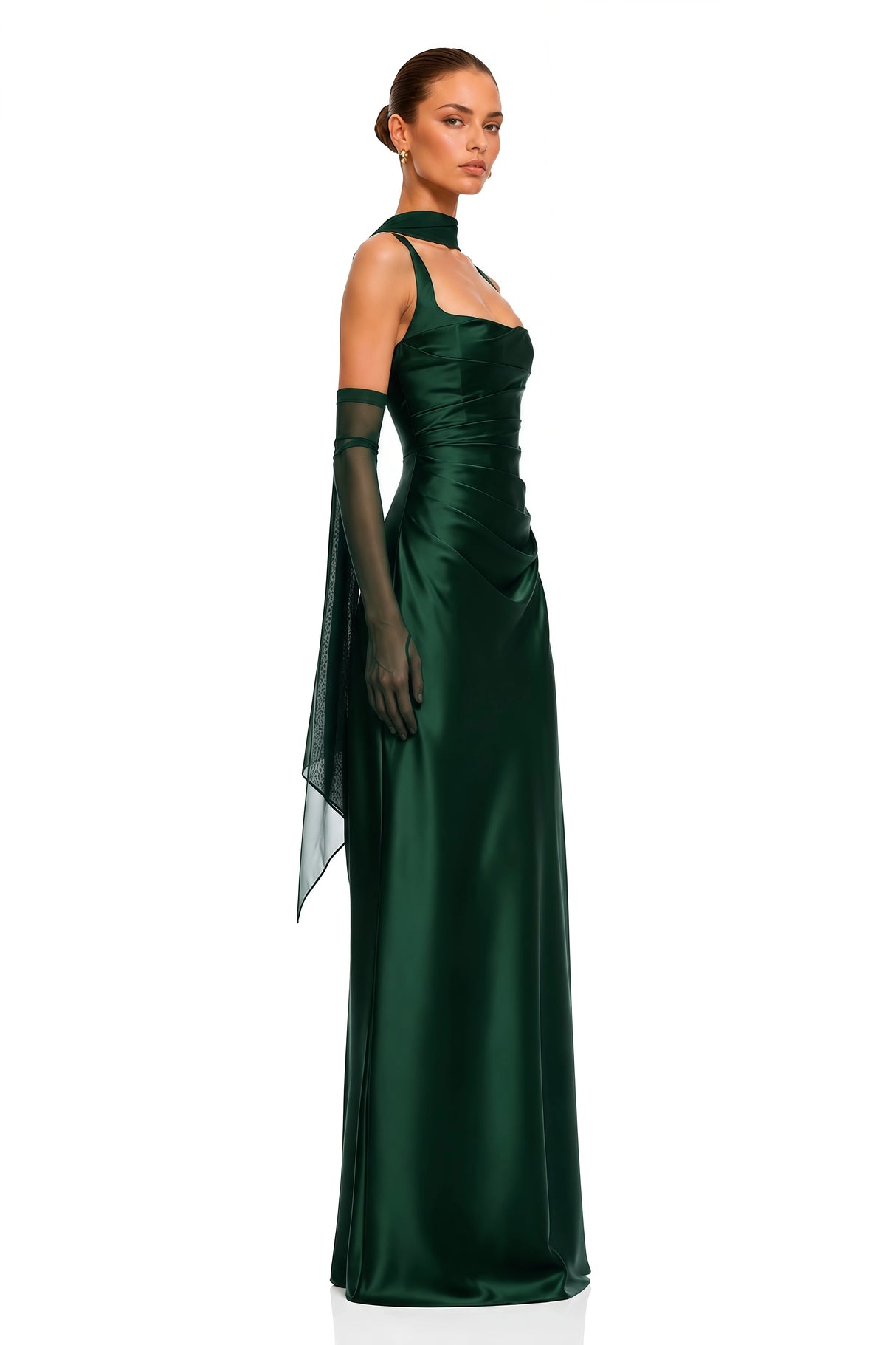 Inmaculada Emerald Ruched Satin Maxi Dress Without Gloves