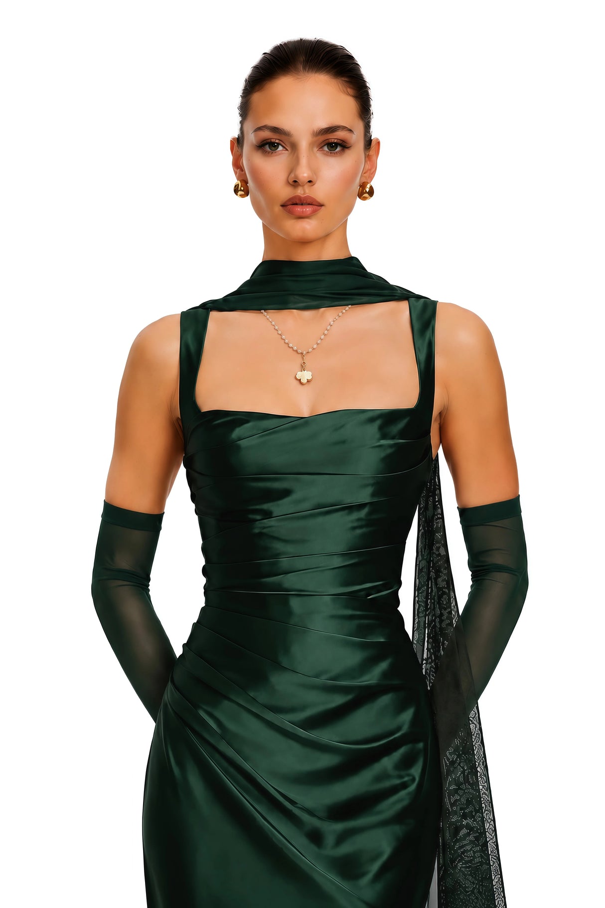 Inmaculada Emerald Ruched Satin Maxi Dress Without Gloves