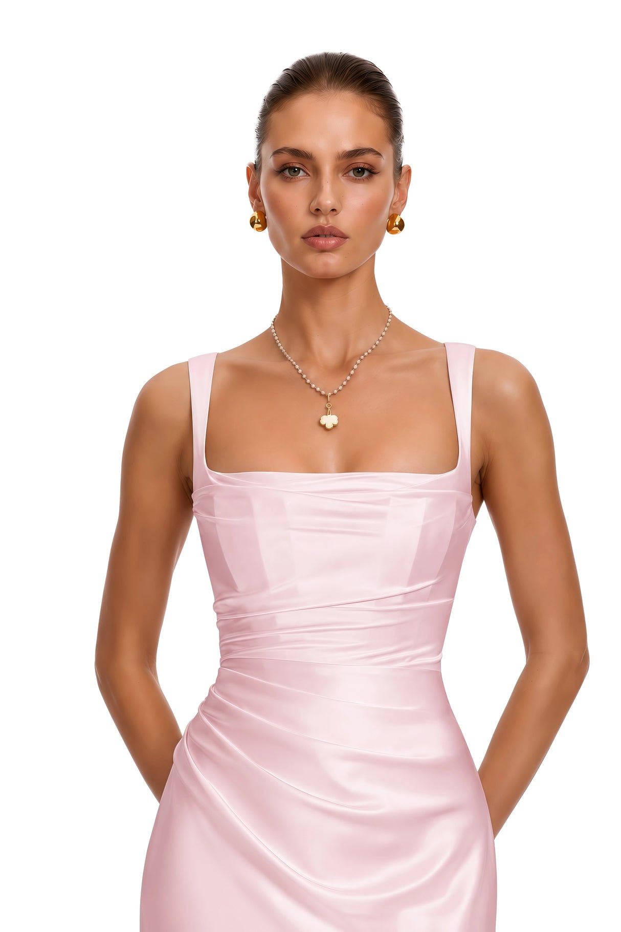 Inmaculada Pink Ruched Satin Maxi Dress Without Gloves