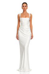 Inmaculada White Ruched Satin Maxi Dress Without Gloves