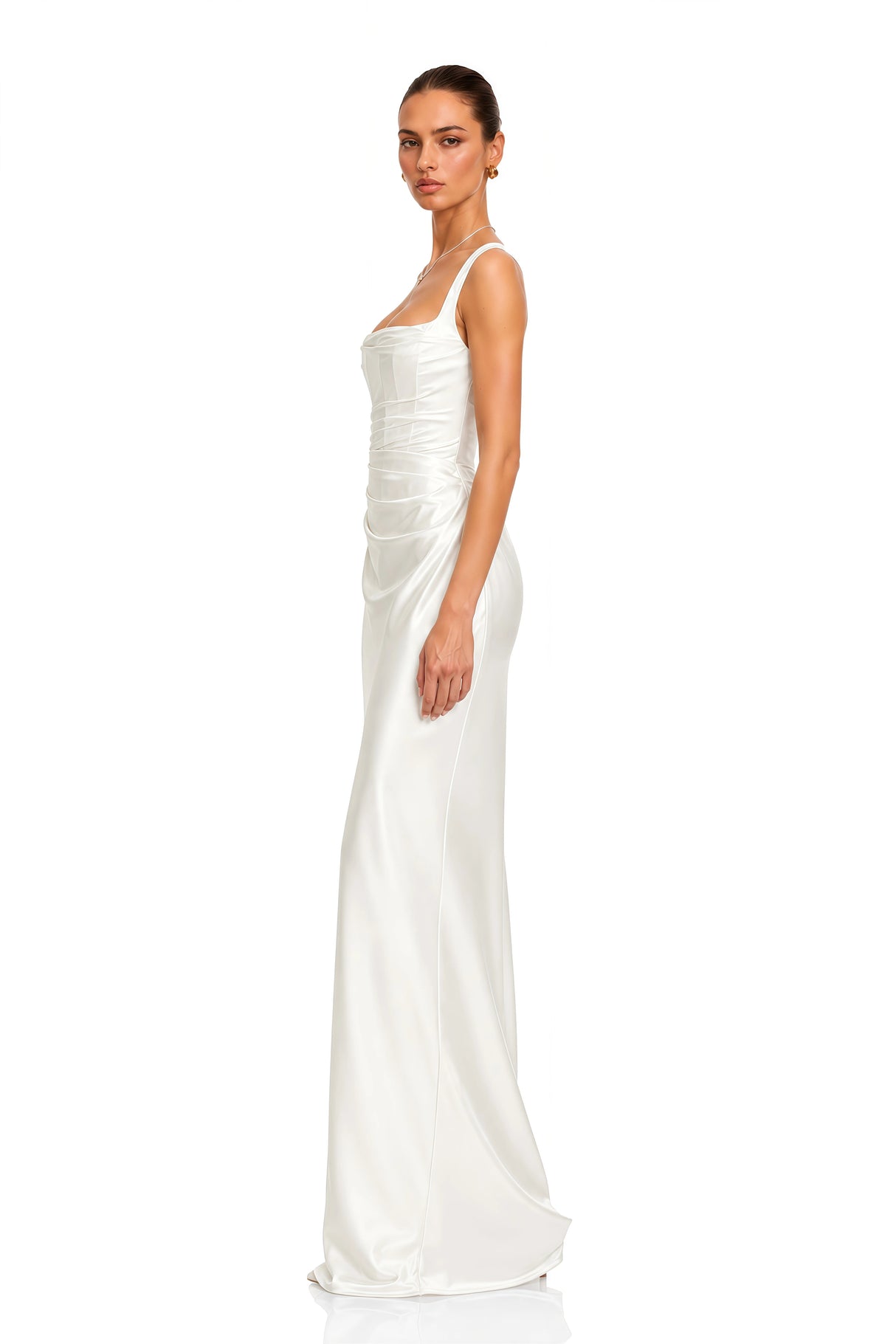 Inmaculada White Ruched Satin Maxi Dress Without Gloves