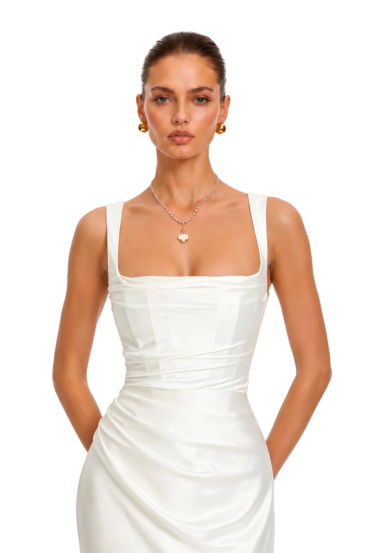 Inmaculada White Ruched Satin Maxi Dress Without Gloves