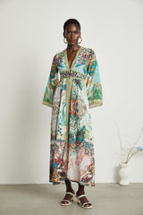 Iolanda Maxi Dress - Long Sleeved - Plunging V - neckline - Fitted Waistline - Front Button Fastening