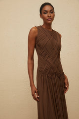 Iolanda Midi Dress - Round Neck - Sleeveless - Tulle - Braid Detailing - Asymmetrical Design