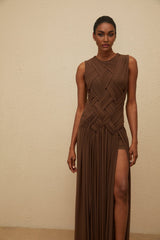 Iolanda Midi Dress - Round Neck - Sleeveless - Tulle - Braid Detailing - Asymmetrical Design