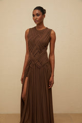 Iolanda Midi Dress - Round Neck - Sleeveless - Tulle - Braid Detailing - Asymmetrical Design
