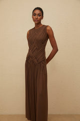 Iolanda Midi Dress - Round Neck - Sleeveless - Tulle - Braid Detailing - Asymmetrical Design