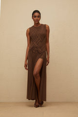 Iolanda Midi Dress - Round Neck - Sleeveless - Tulle - Braid Detailing - Asymmetrical Design