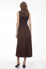 Iolanthe Chocolate Brown Asymmetrical Ruched Midi Dress