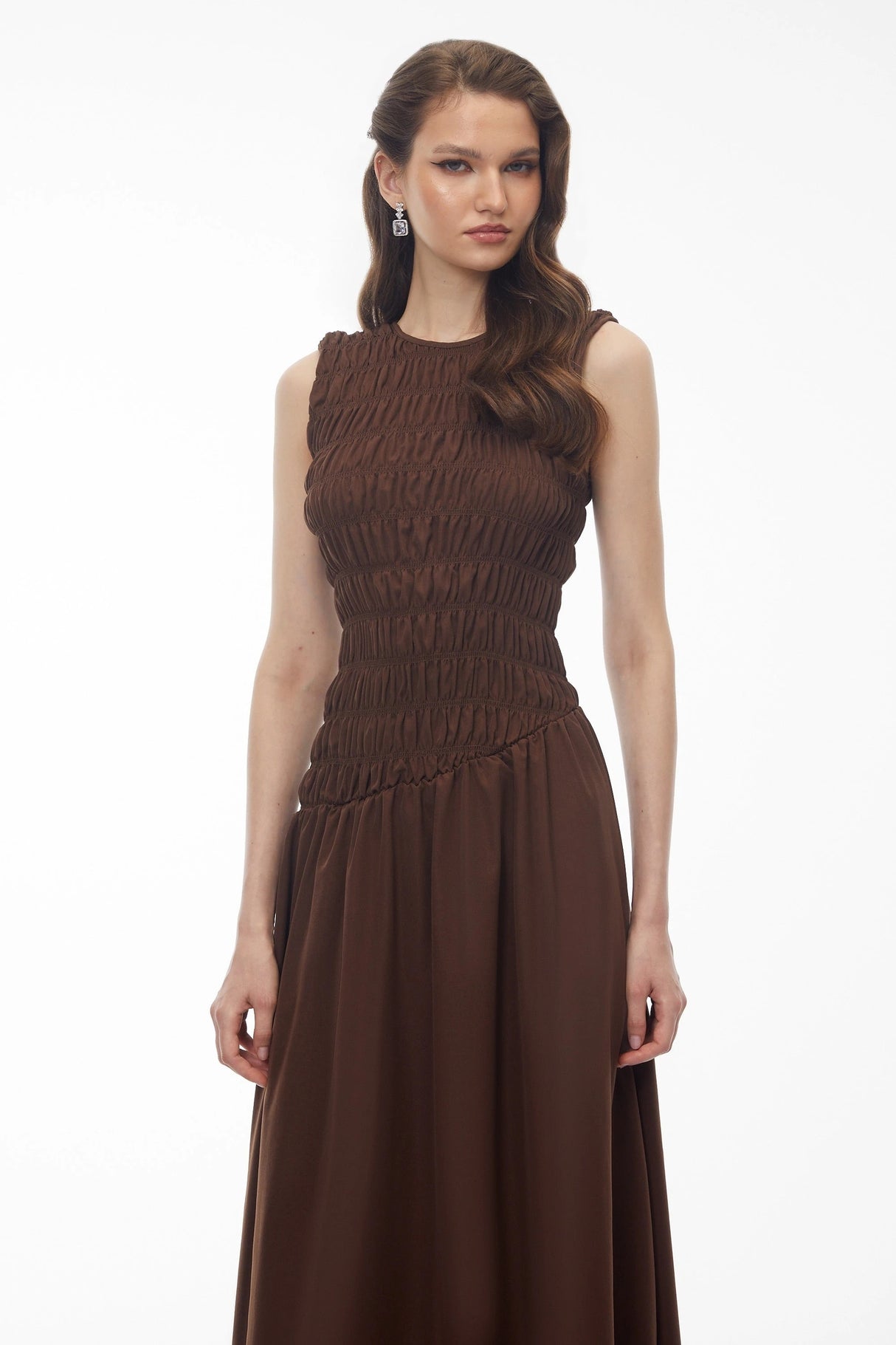 Iolanthe Chocolate Brown Asymmetrical Ruched Midi Dress