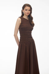 Iolanthe Chocolate Brown Asymmetrical Ruched Midi Dress