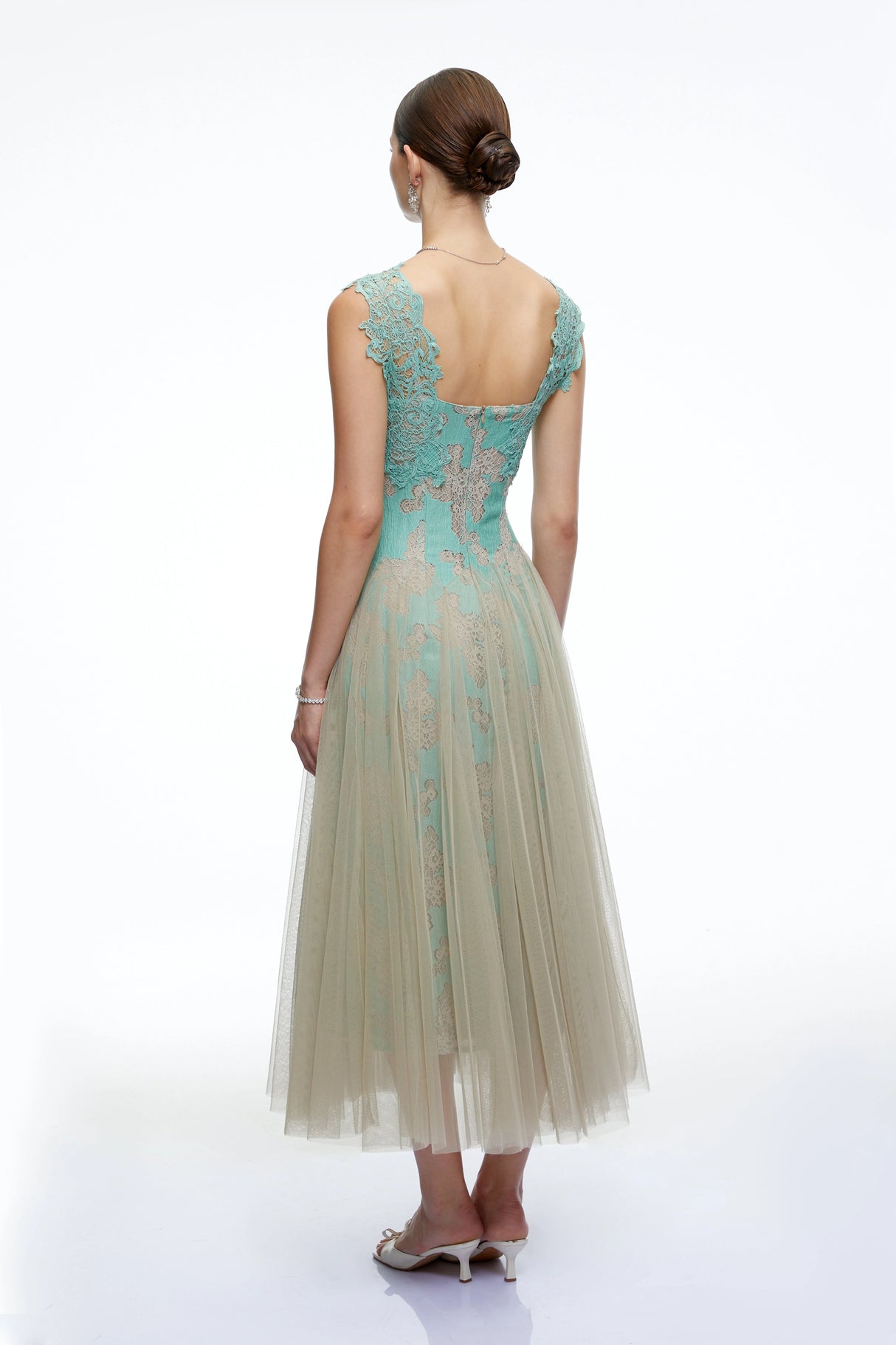 Ione Mint Green Lace Mesh Tulle Midi Dress