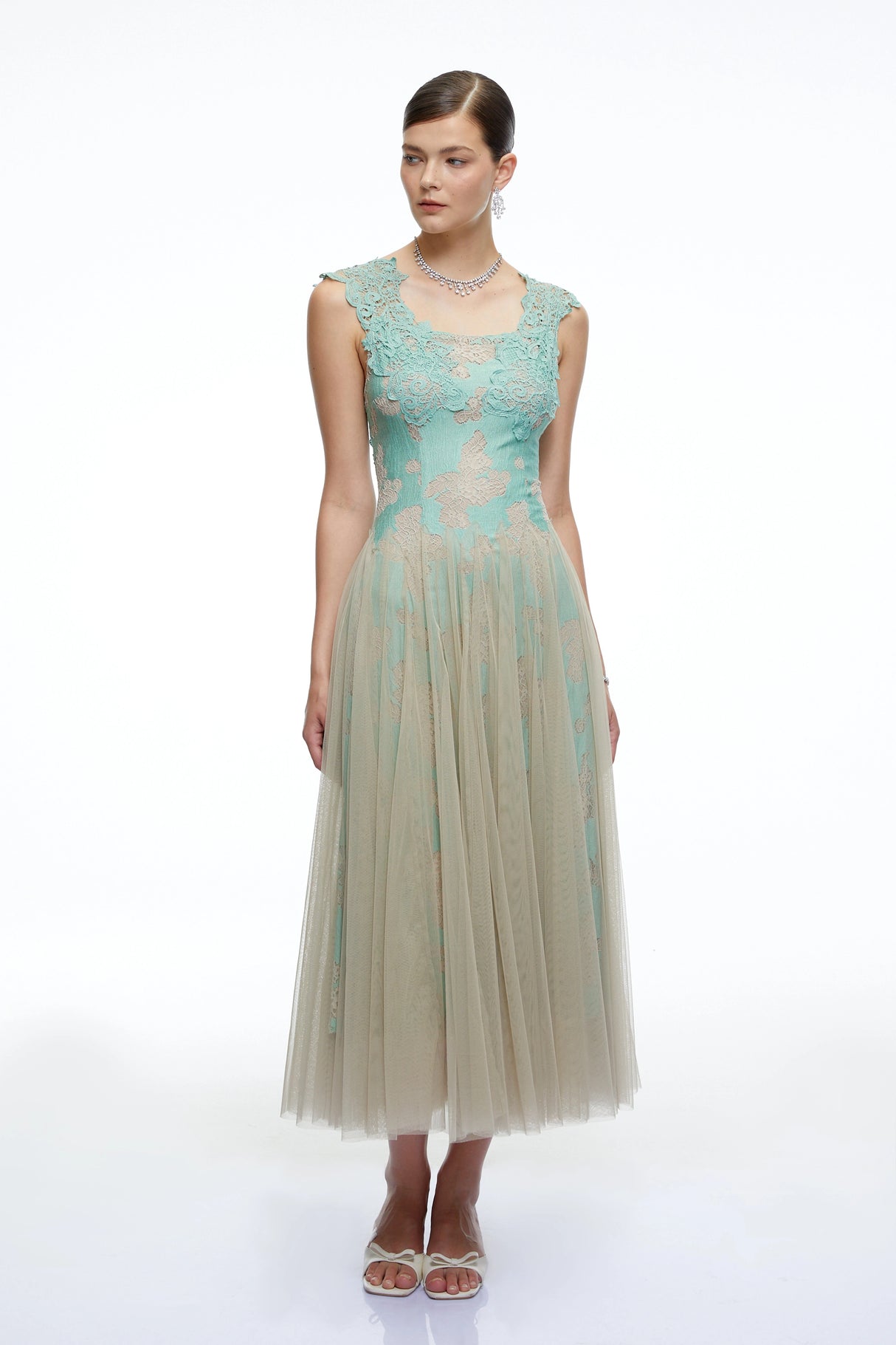Ione Mint Green Lace Mesh Tulle Midi Dress