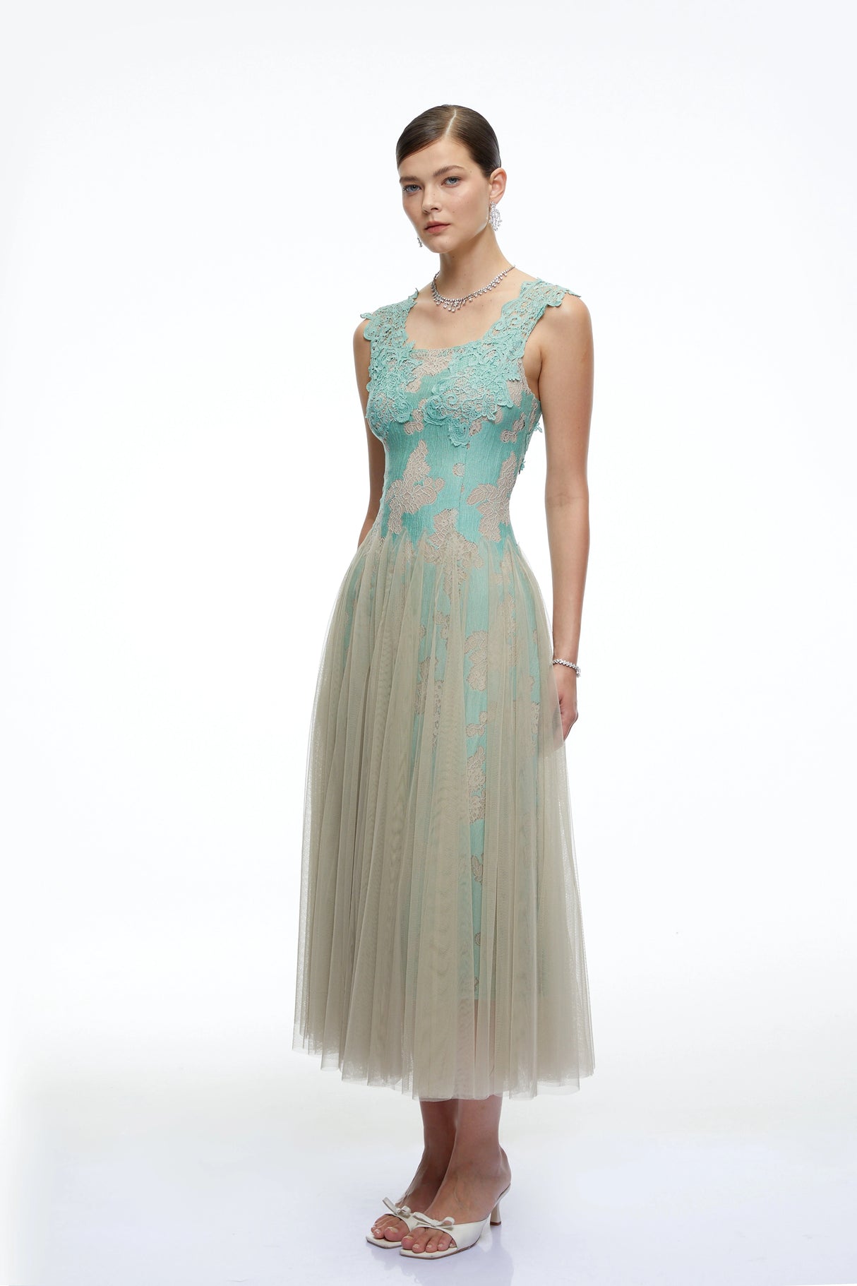 Ione Mint Green Lace Mesh Tulle Midi Dress