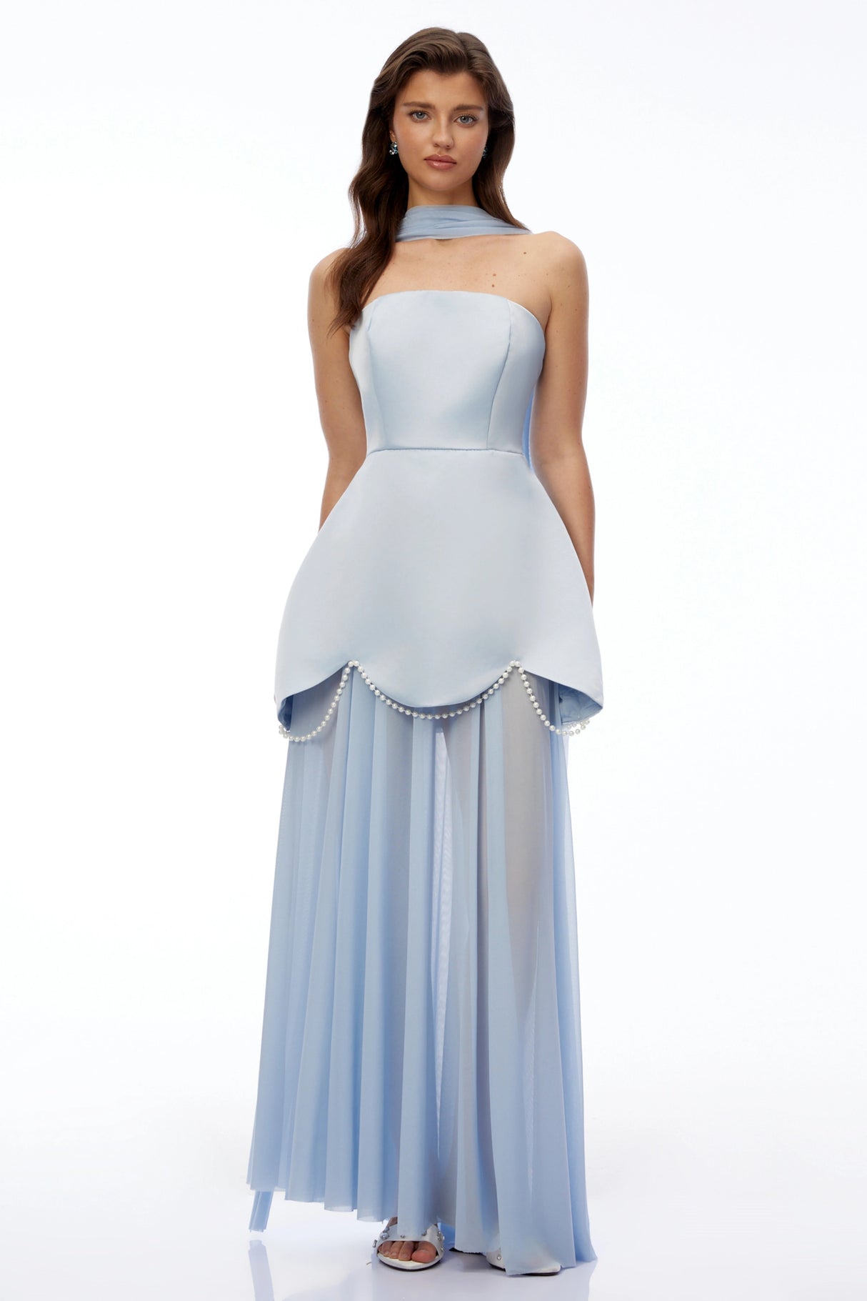 Iphigenia Light Blue Strapless Maxi Dress with Scallop Trim