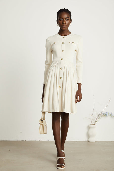 Ippolita Mini Dress - Long Sleeves - Round Neck - Pleated Design - Knitted Construction
