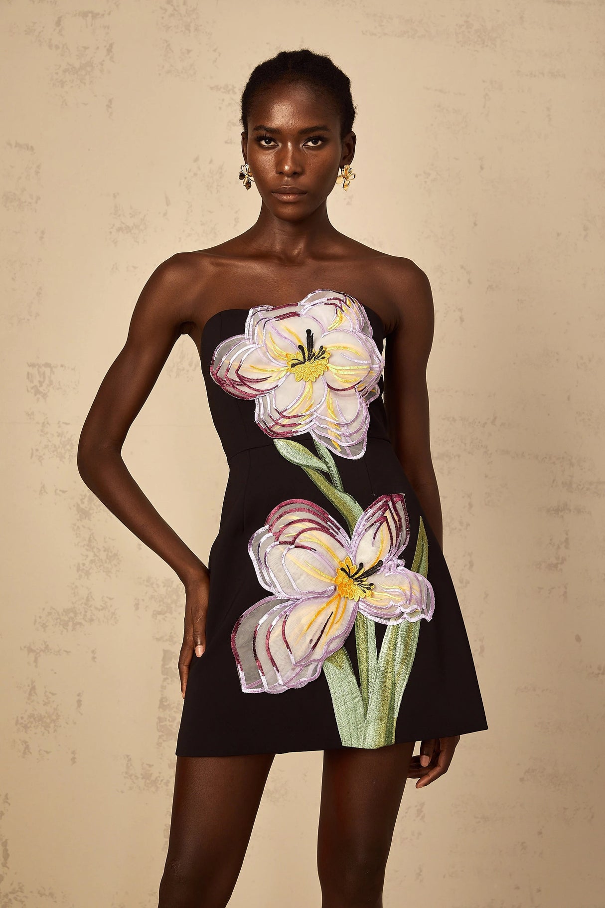 Irène Black OffShoulder Sequin Floral Embroidered Mini Dress