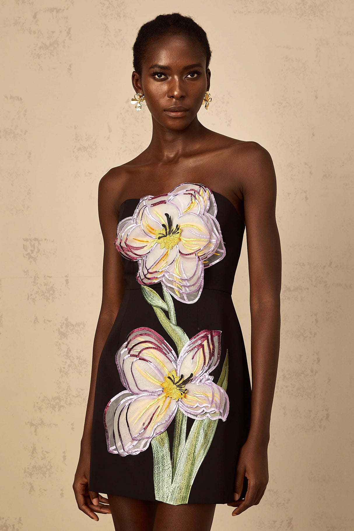 Irène Black OffShoulder Sequin Floral Embroidered Mini Dress