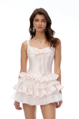 Irene Blush Pink Ruffled Mini Dress with Lace Trim