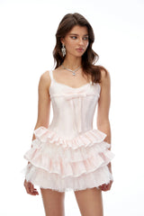 Irene Blush Pink Ruffled Mini Dress with Lace Trim