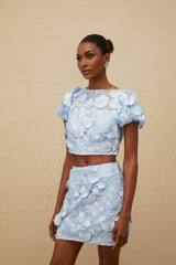 Irene Floral Embroidered Top & Skirt - Puff Sleeves - 3D - Petal Detailing - Cropped - A - Line - Side Zip Fastening