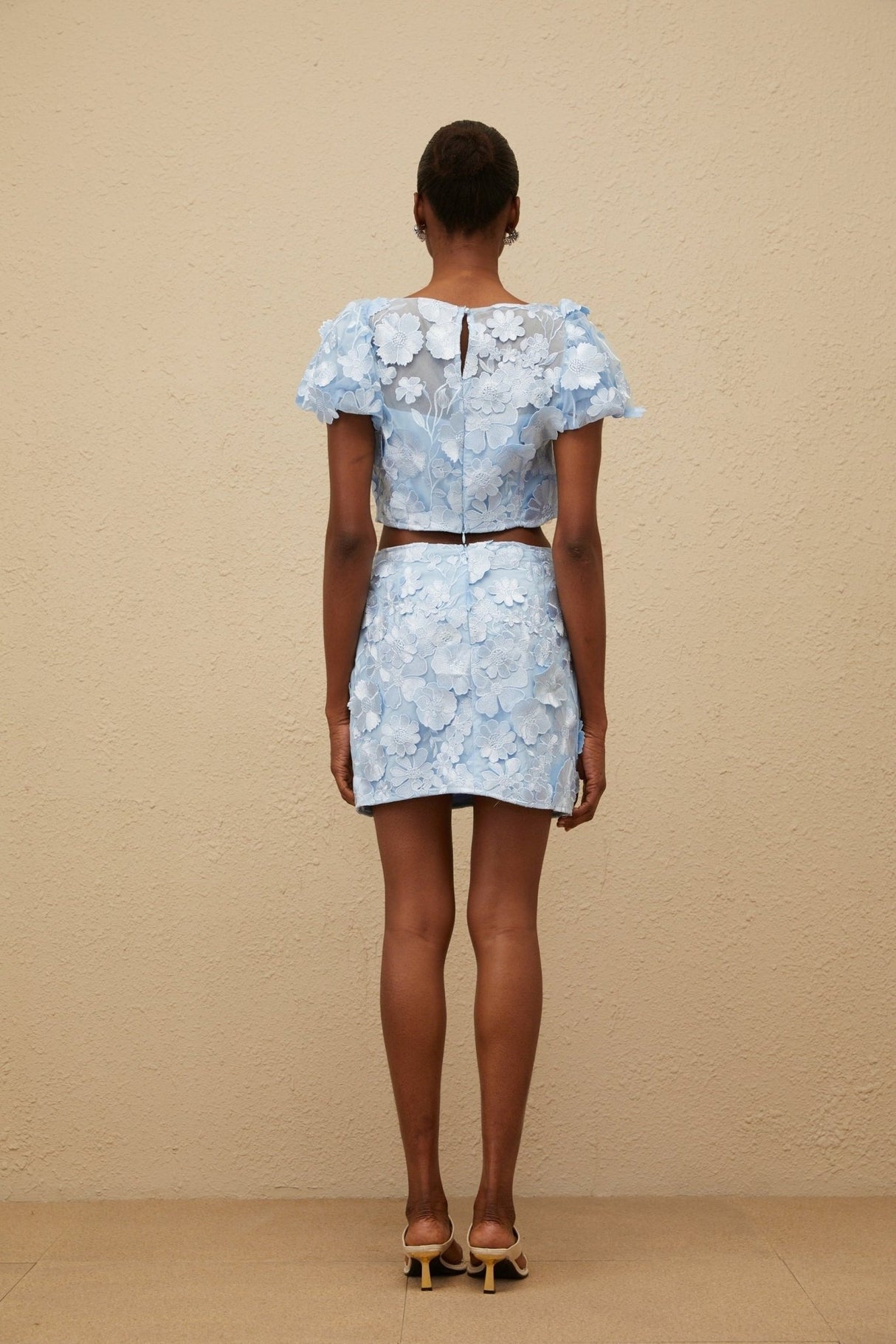 Irene Floral Embroidered Top & Skirt - Puff Sleeves - 3D - Petal Detailing - Cropped - A - Line - Side Zip Fastening