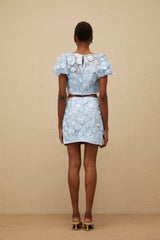 Irene Floral Embroidered Top & Skirt - Puff Sleeves - 3D - Petal Detailing - Cropped - A - Line - Side Zip Fastening