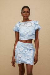 Irene Floral Embroidered Top & Skirt - Puff Sleeves - 3D - Petal Detailing - Cropped - A - Line - Side Zip Fastening