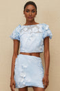 Irene Floral Embroidered Top & Skirt - Puff Sleeves - 3D - Petal Detailing - Cropped - A - Line - Side Zip Fastening