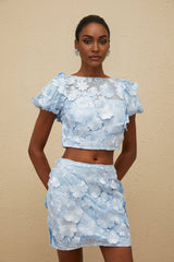 Irene Floral Embroidered Top & Skirt - Puff Sleeves - 3D - Petal Detailing - Cropped - A - Line - Side Zip Fastening