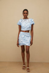 Irene Floral Embroidered Top & Skirt - Puff Sleeves - 3D - Petal Detailing - Cropped - A - Line - Side Zip Fastening