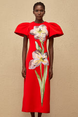 Irène Red Sequined Floral Embroidered Midi Dress