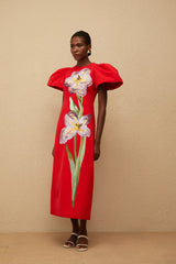 Irène Red Sequined Floral Embroidered Midi Dress