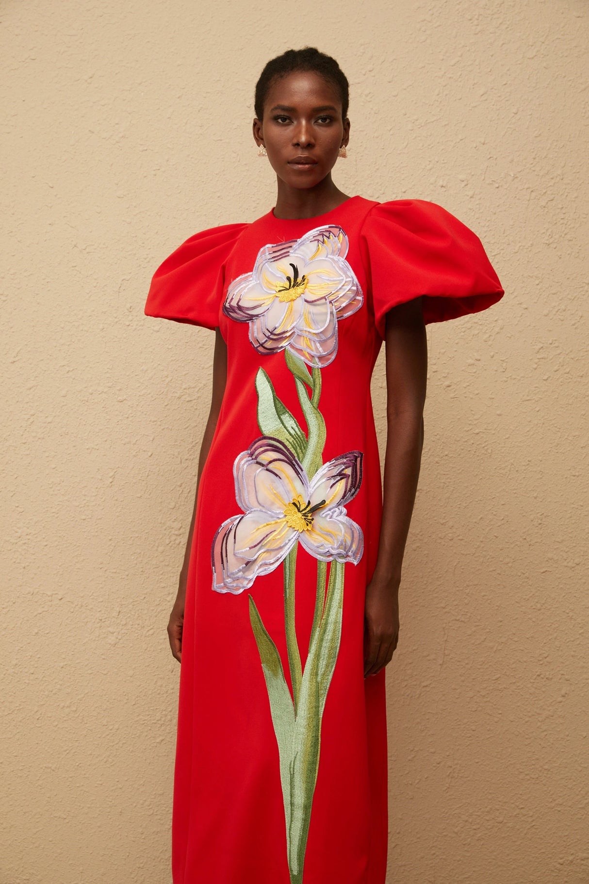Irène Red Sequined Floral Embroidered Midi Dress
