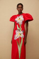 Irène Red Sequined Floral Embroidered Midi Dress