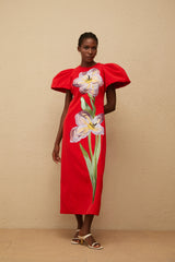 Irène Red Sequined Floral Embroidered Midi Dress
