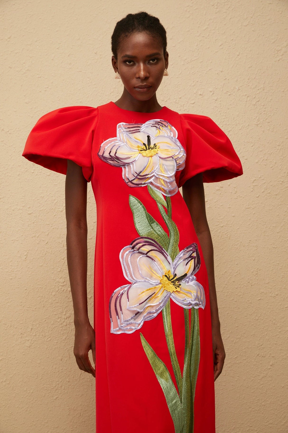 Irène Red Sequined Floral Embroidered Midi Dress