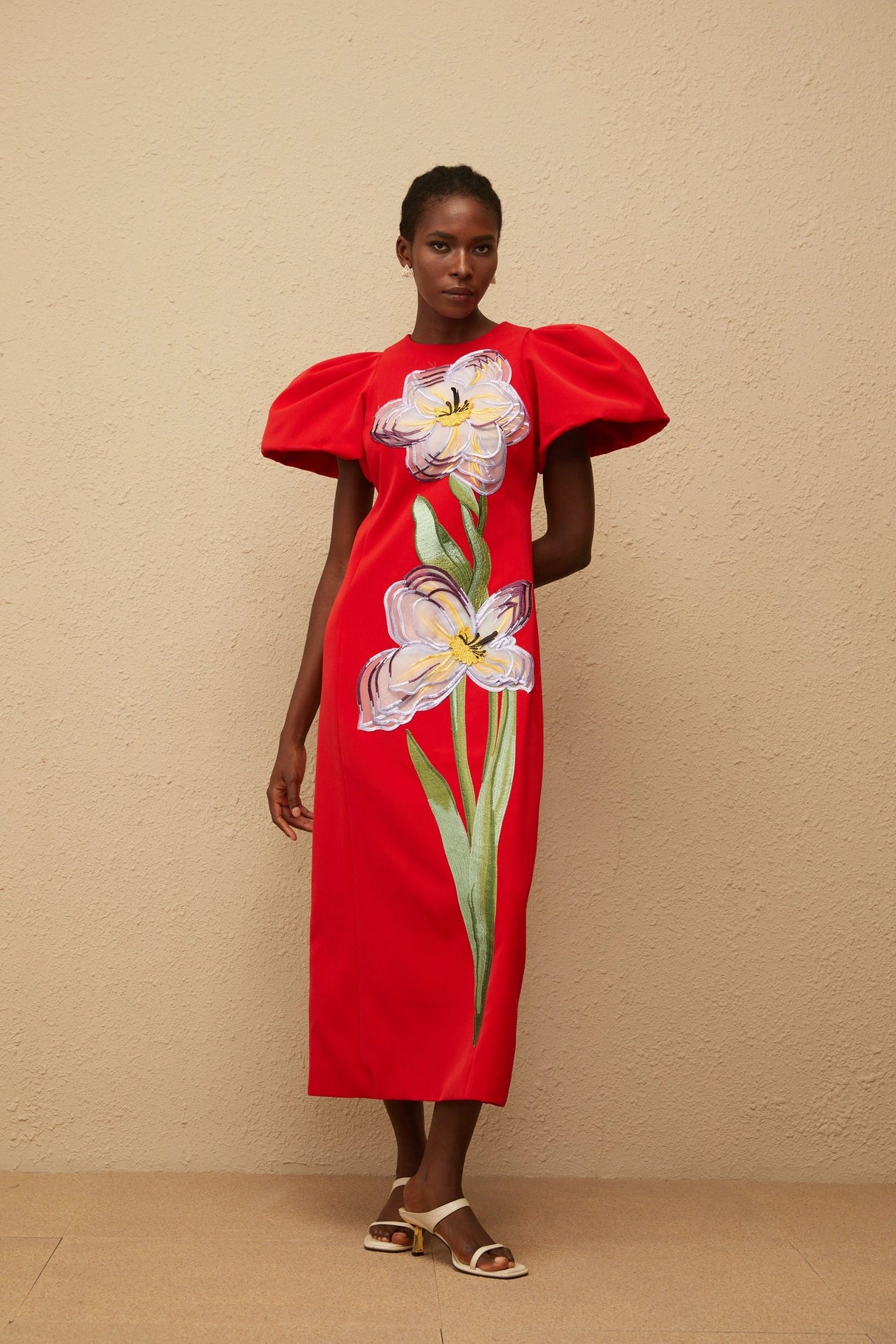 Irène Red Sequined Floral Embroidered Midi Dress