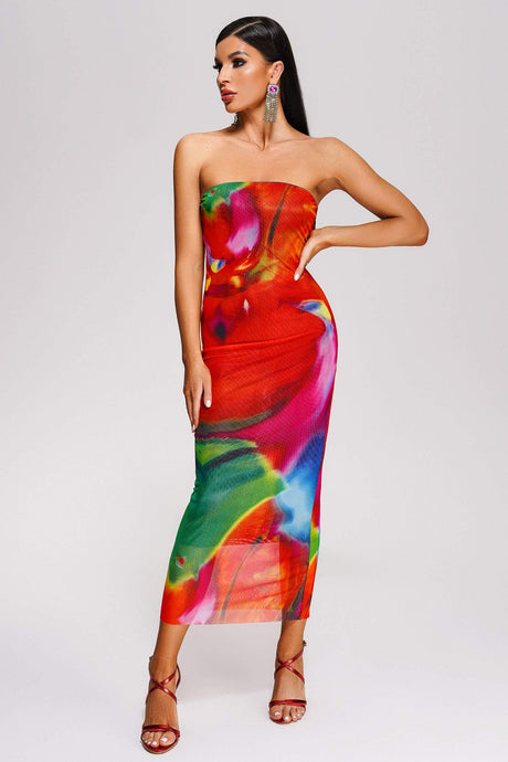 Irene Red Strapless Midi Dress Summer Print