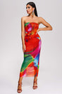 Irene Red Strapless Midi Dress Summer Print