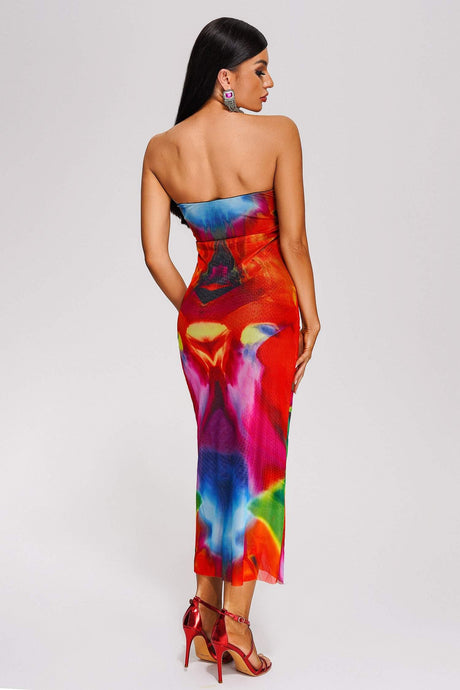 Irene Red Strapless Midi Dress Summer Print Curves Lightweight Fabric Chic Sophisticated Colorful Playful Strappy Heels Statement Accessories