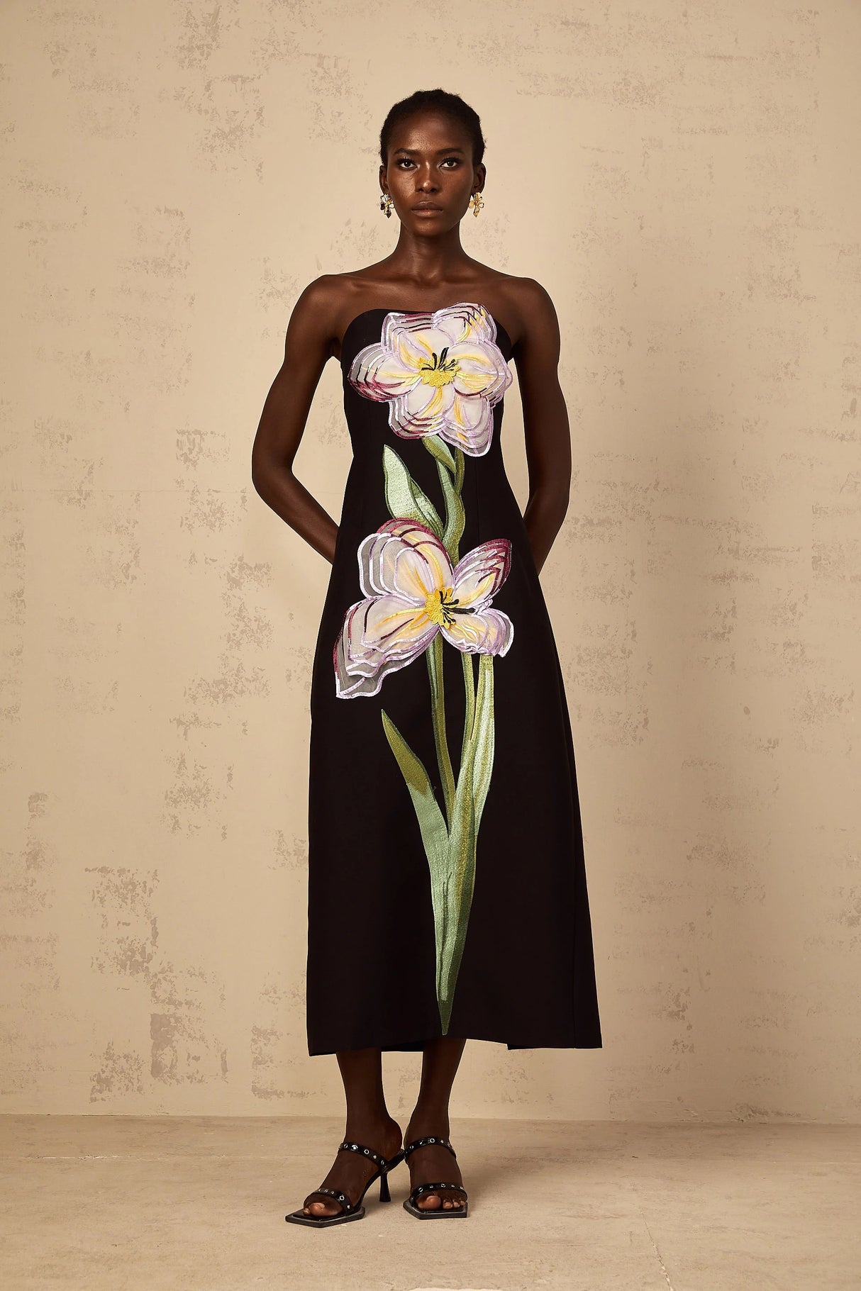Irène Sequin Embroidered OffShoulder Midi Dress in Black