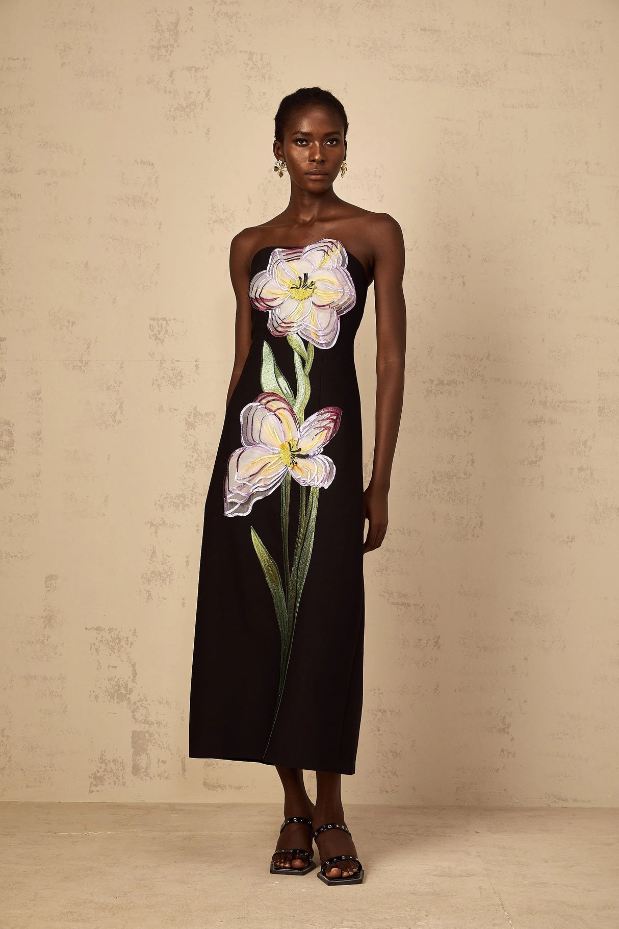 Irène Sequin Embroidered OffShoulder Midi Dress in Black