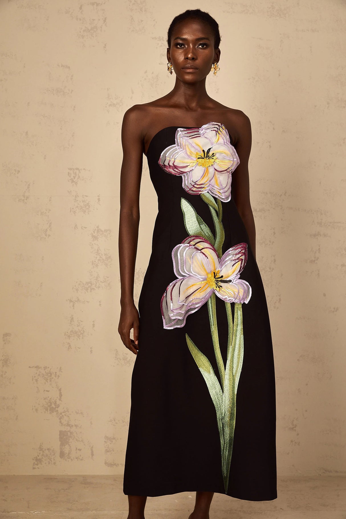 Irène Sequin Embroidered OffShoulder Midi Dress in Black