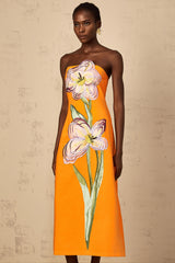 Irène Sequin Embroidered OffShoulder Midi Dress in Orange