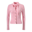 Irene Slim Fit Long Sleeve Top - Tie - Neck Detail - Button Front with Decorative Pockets