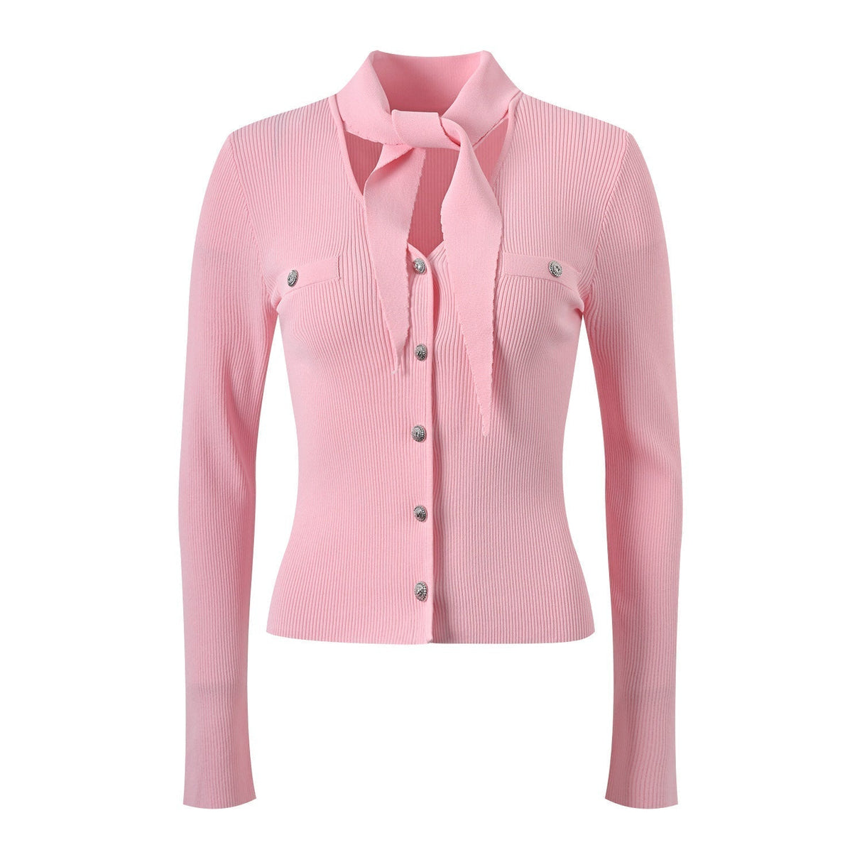 Irene Slim Fit Long Sleeve Top - Tie - Neck Detail - Button Front with Decorative Pockets