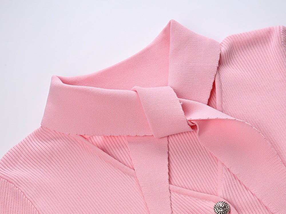 Irene Slim Fit Long Sleeve Top - Tie - Neck Detail - Button Front with Decorative Pockets