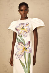 Irène White Sequin Floral Embroidered Midi Dress