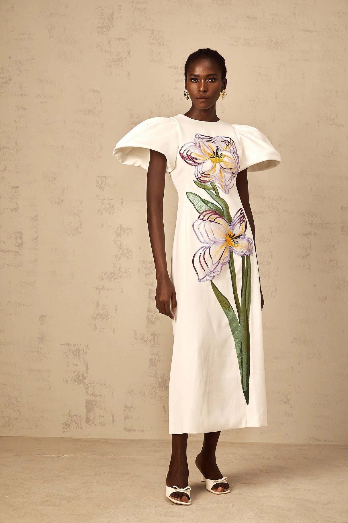 Irène White Sequin Floral Embroidered Midi Dress